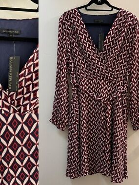 Banana Republic NWT Faux Wrap Midi Dress Size 12 Geometric Red Navy White Lined
